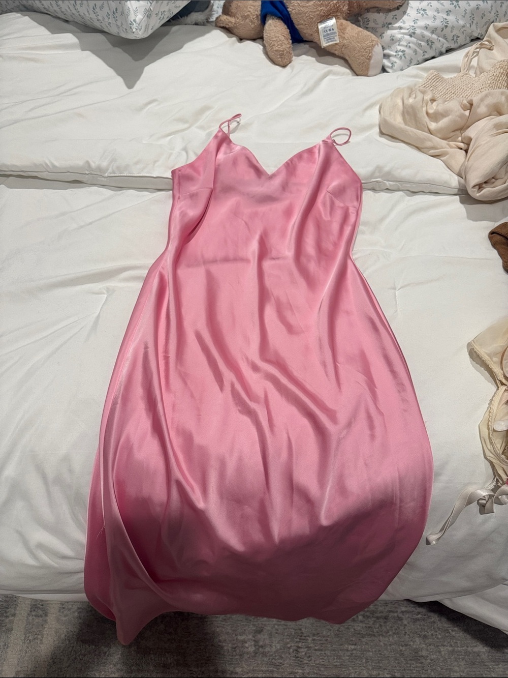 Satin V-Neck Slip Midi Dress in Pink